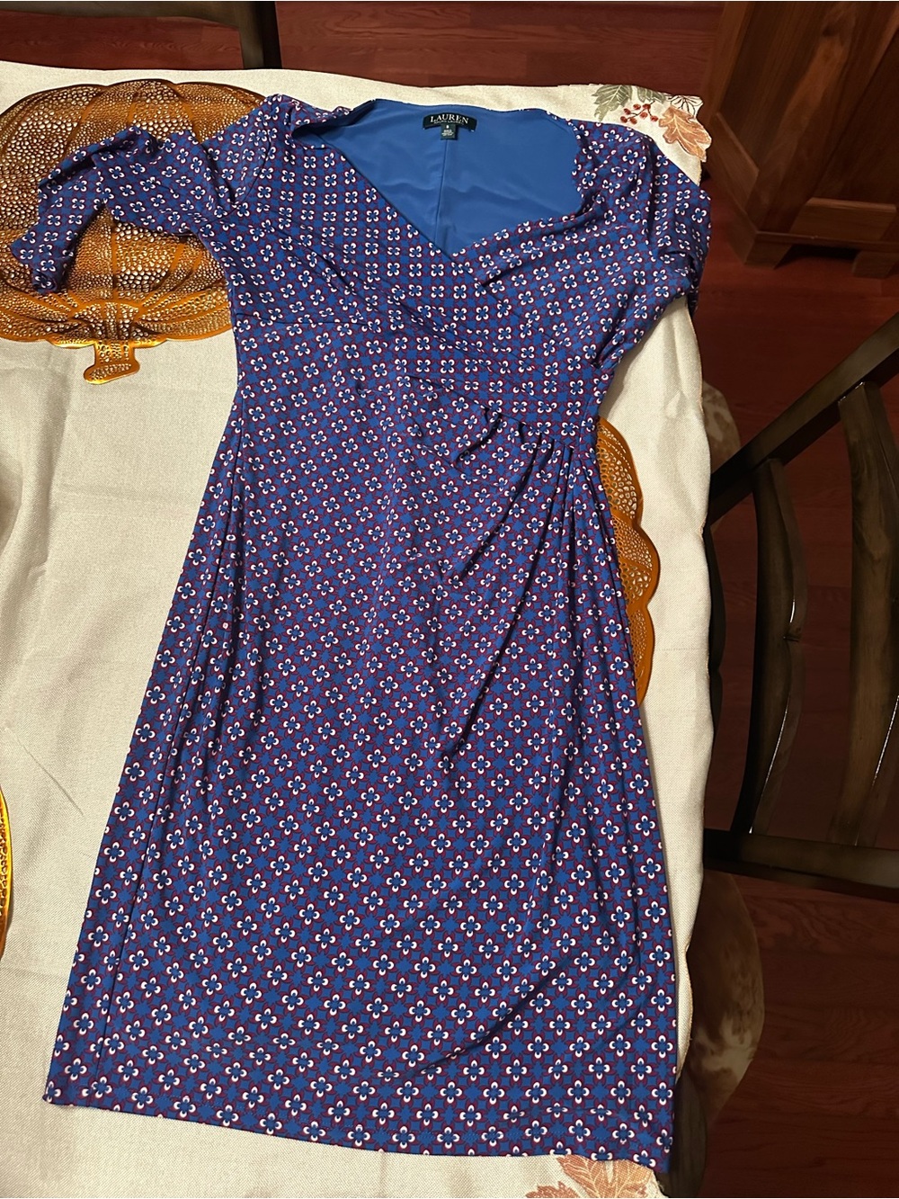 Lauren Ralph Lauren Blue Printed Faux-Wrap Midi Dress